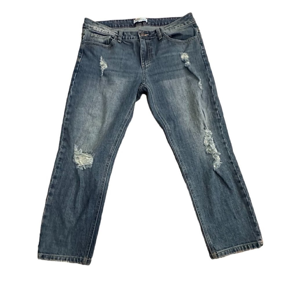 Cello Cropped Distressed Mid-Rise Denim Jeans Medium Blue Wash Juniors Size 9